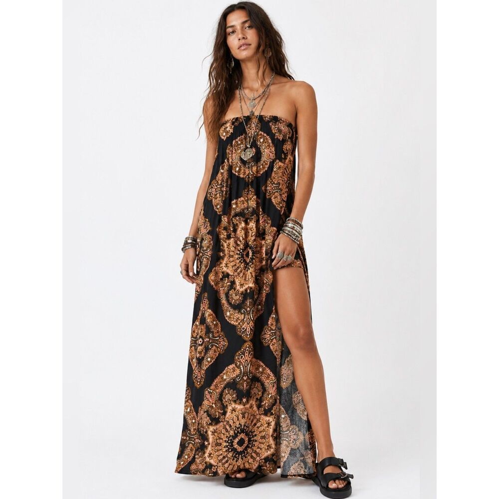 NWT Free People Summer Fling Romper Maxi Dress Strapless Linen Black Medallion